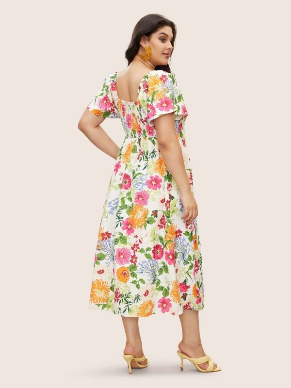 Women's Plus Size Floral Smocked Maxi Dress – Square Neck, Butterfly Sleeve, 1XL - 4XL - Premium Dresses for sale