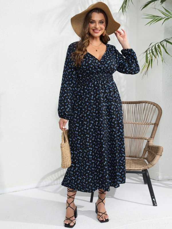 Women's Plus Size Floral Smocked Midi Dress – V - Neck, Long Sleeve, XL - 5XL - Premium Dresses for sale