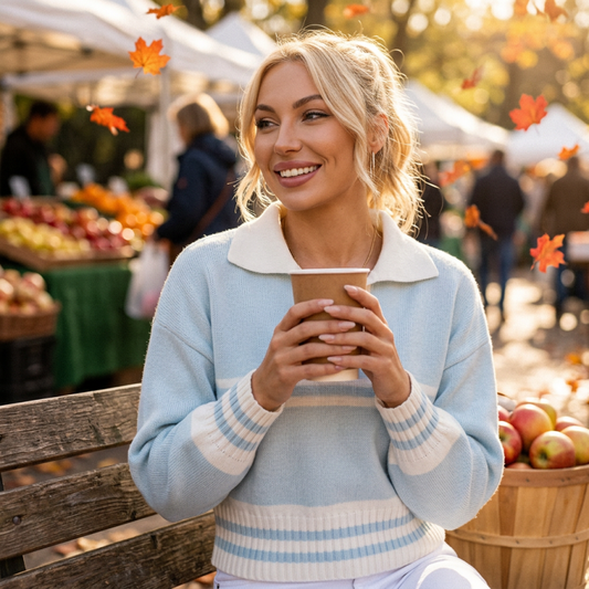 Women's Striped Polo Collar Knit Pullover lifestyle - Madragora