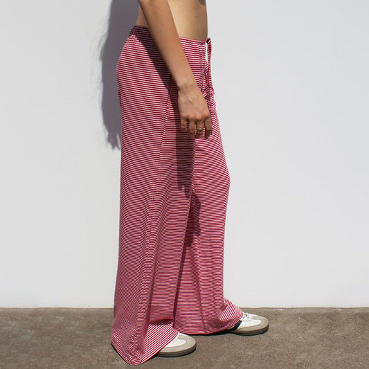 Women's Striped Print Trousers Y2K Fashion Casual Lace Up Home Straight Wide - leg Pants - Premium Activewear for sale
