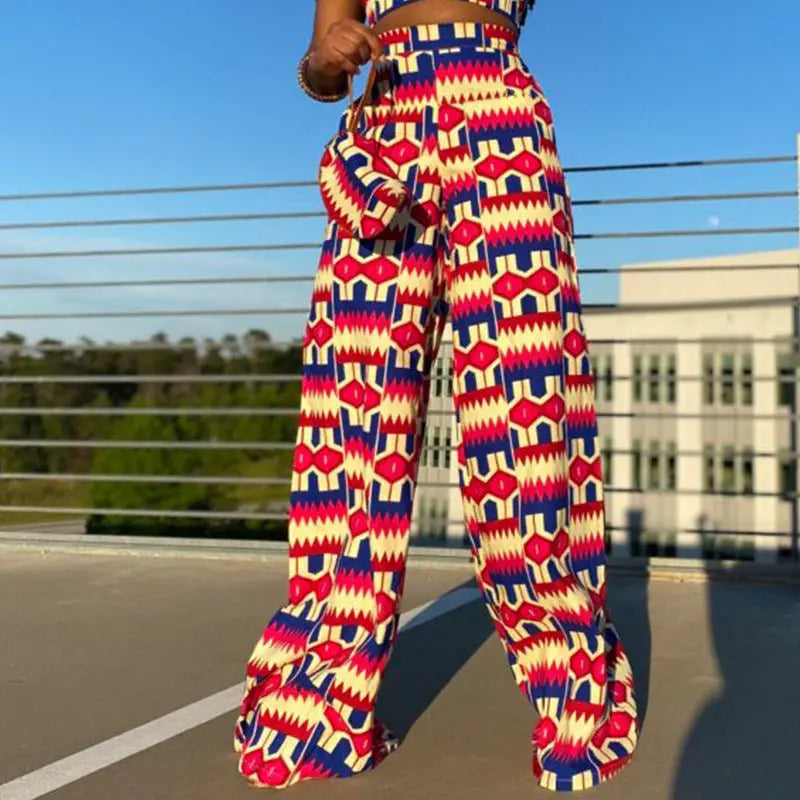 2022 spring and summer new Bohemian printed trousers with pockets casual pants women loose high waist wide leg pants women