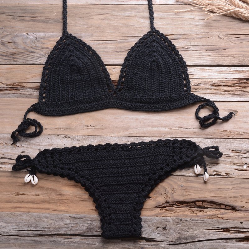 All-Matching Handmade Weaving Hollow Out Cutout Beach Women Split Bikini Swimsuit Shell Shorts Suit