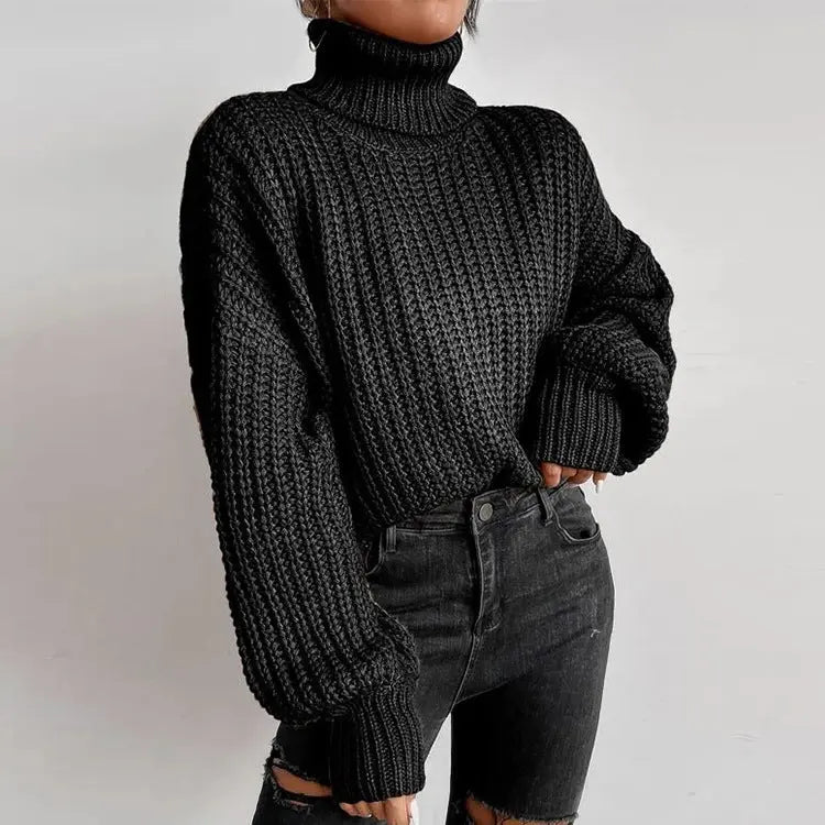 Autumn And Winter Fashion Fall Shoulder Long Sleeve Knitted Loose Pullover Turtleneck Sweater Women - Premium Shirts & Tops for sale