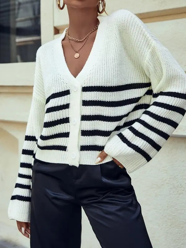 Autumn and Winter Knitted Cardigan Button Stripe Sweater Casual V - Neck Slouchy White Top - Premium Shirts & Tops for sale