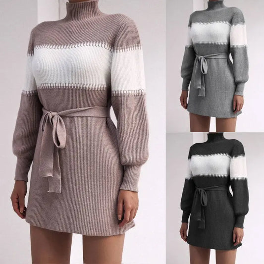 Autumn And Winter Long Sleeve Casual Color Matching Half High Collar Knitted Wool Dress - Premium Dresses for sale