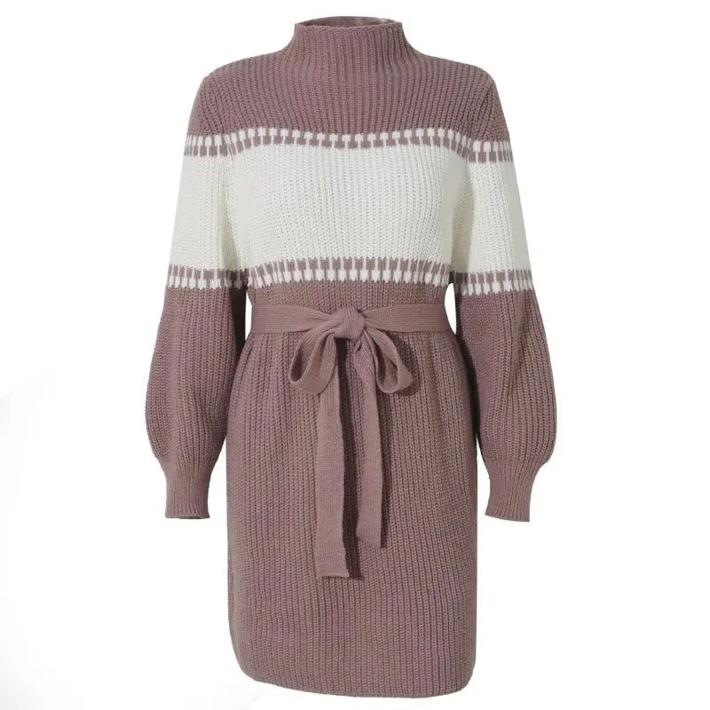 Autumn And Winter Long Sleeve Casual Color Matching Half High Collar Knitted Wool Dress - Premium Dresses for sale