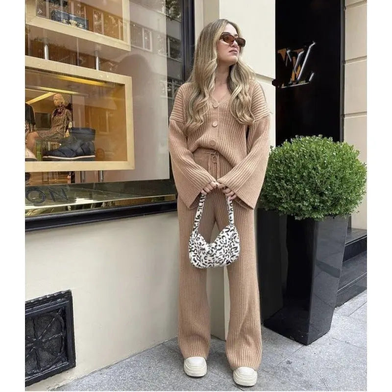 Autumn And Winter New Casual Sweater Knitted Cardigan Pants Two - Piece Set For Women - Premium Suits for sale