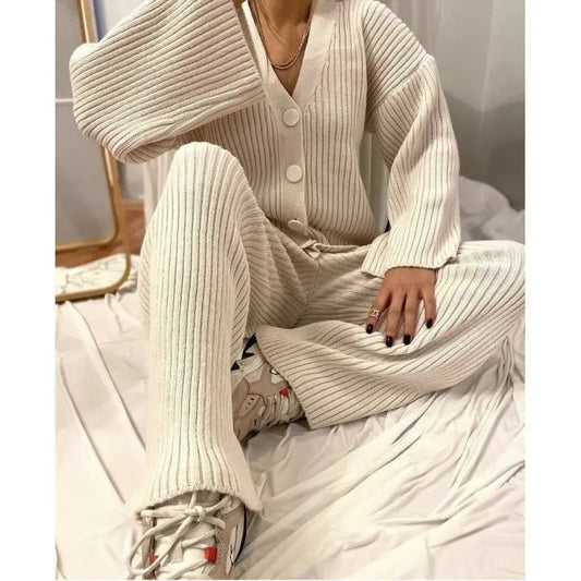 Autumn And Winter New Casual Sweater Knitted Cardigan Pants Two - Piece Set For Women - Premium Suits for sale