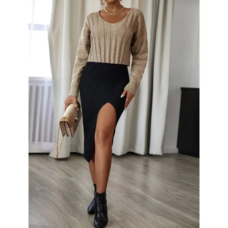 Autumn and Winter New Sweater Stripe Solid V - Neck Knitwear Commuter Women's Fashion - Premium Shirts & Tops for sale
