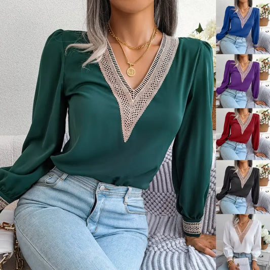 Autumn And Winter Temperament Lace V - Neck Long Sleeved Chiffon Shirt - Premium Shirts & Tops for sale