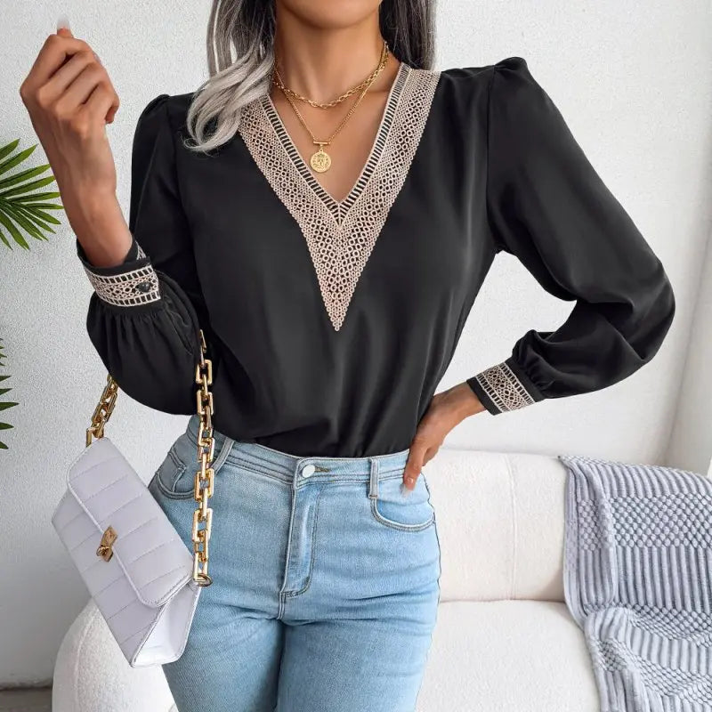 Autumn And Winter Temperament Lace V - Neck Long Sleeved Chiffon Shirt - Premium Shirts & Tops for sale