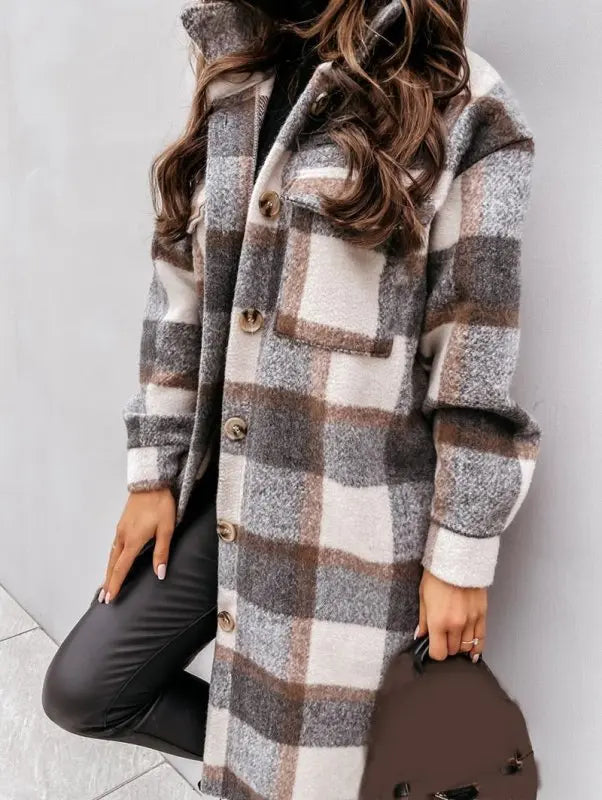 Autumn Winter Women Checked Jacket Casual Turn Down Collar Plaid Long Coat Female Oversized Thick Warm Woolen Blends Overcoat - Premium for sale