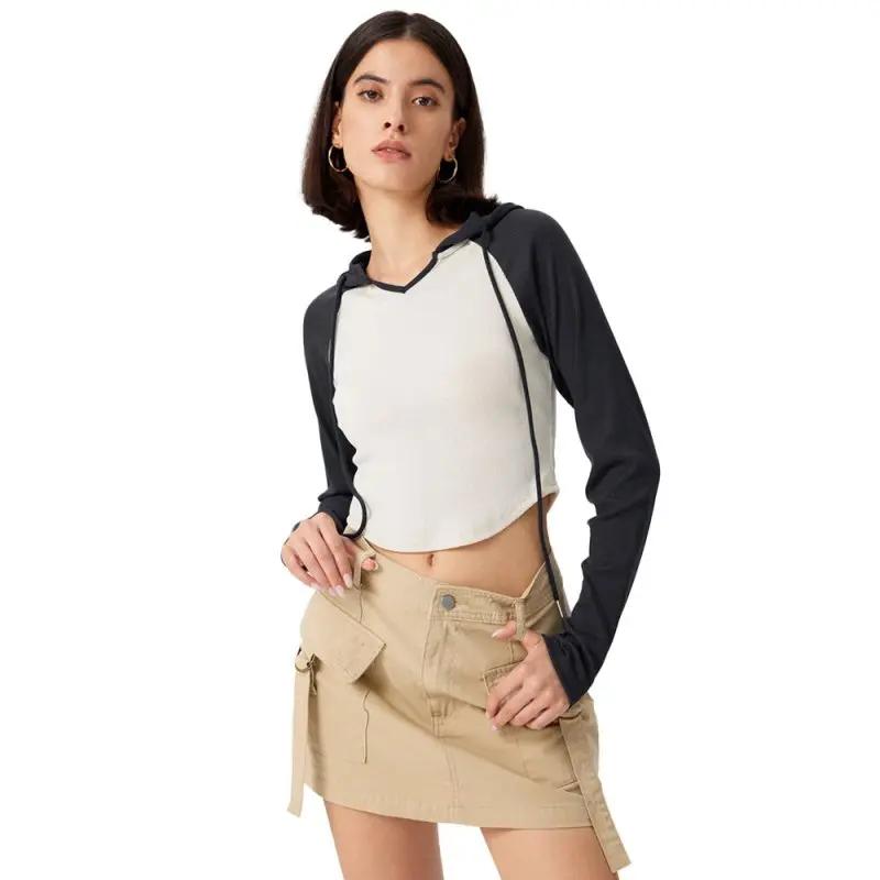 Autumn Winter Women Clothing Hooded Stitching Contrast Color Irregular Asymmetric Slim Fit Long-Sleeved T shirt Top