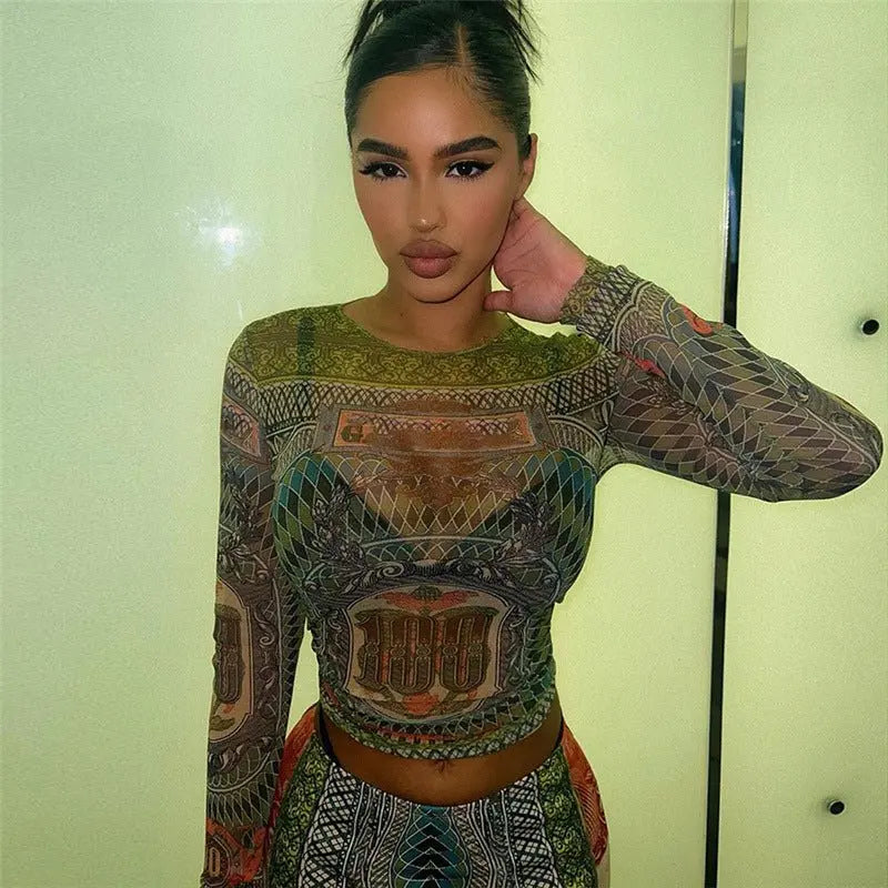 Autumn Women's New Sexy Mesh Digital Printing Long Sleeve Top High Waist Pants Set - Premium Outfit Sets for sale