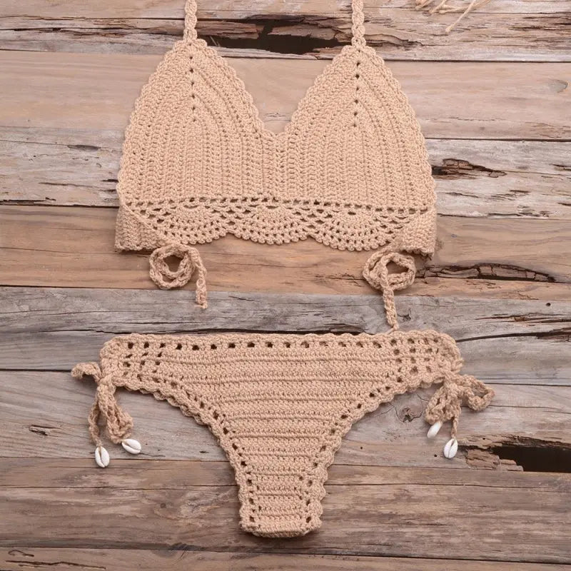 Beach Hollow-out Handmade Woven Split Strap Tank-Top Matching Shell Bikini Briefs