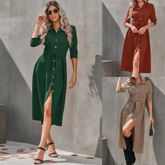Casual Autumn And Winter New Fashion Slim Single - Breasted Tied Waist Dress - Premium Dresses for sale