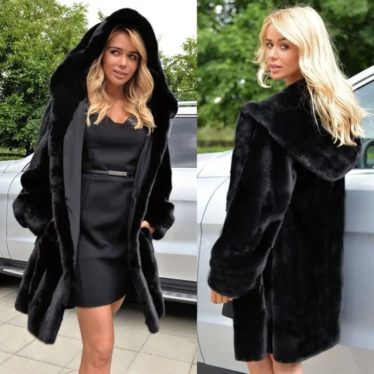 Autumn and winter imitation fur coat hoodies long section Slim imitation fur coat - Premium Coats & Jackets for sale