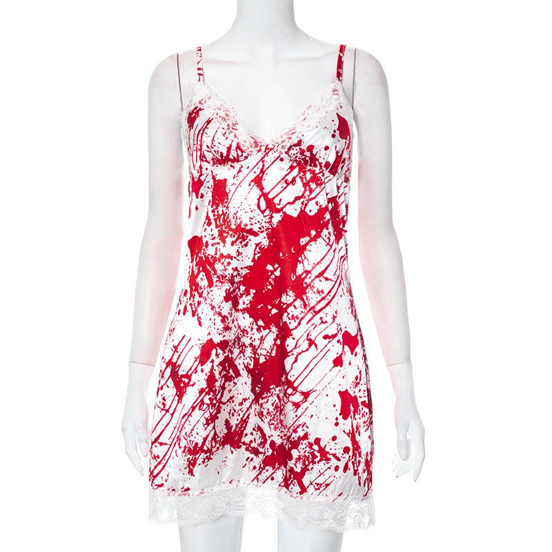 Cool Blood Mark Printed V Neck Lace Edge Short Strap Dress Women Backless