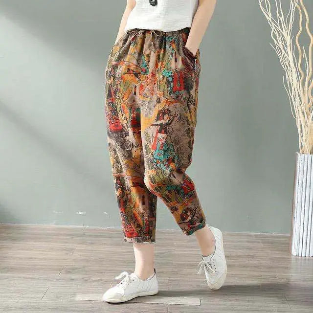 Cotton Linen Harem Women Pants Summer Fashion Graffi Printed Casual High Waist Calf - Length Loose Trousers Female Streetwear - Premium Pants for sale