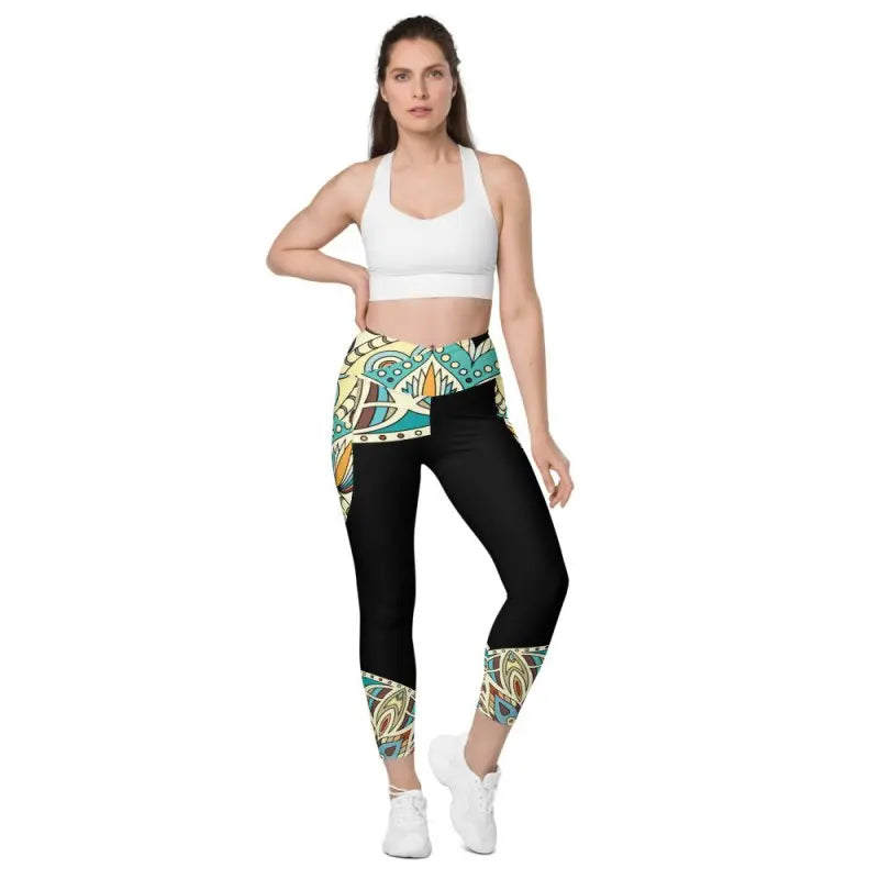 Crossover leggings with pockets - Portugal ornament Black - Premium Activewear for sale