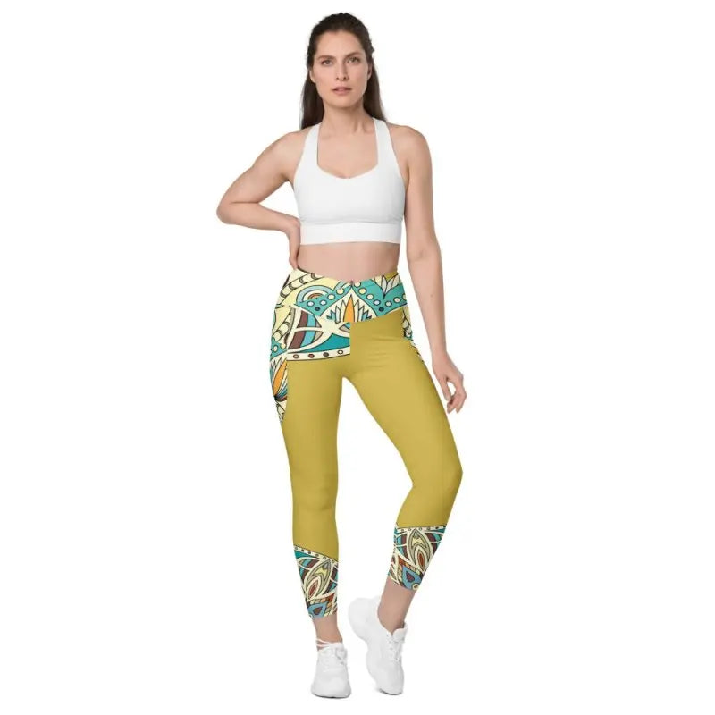Crossover leggings with pockets - Portugal ornament Old gold - Premium Activewear for sale