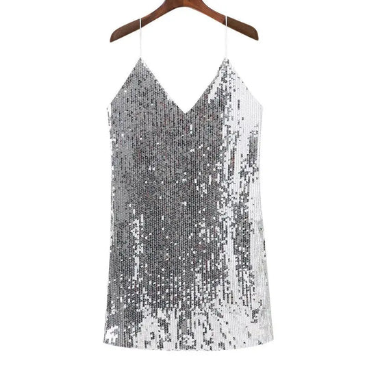 Deep V Neck Autumn Silver Sequined Backless Sexy Dress Women Off Shoulder Mini Dress