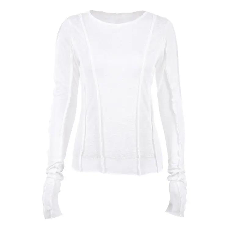 Early Autumn Long-Sleeved T-shirt Solid Color round Neck Slim Thin Temperamental Minority Stitching Women Clothing