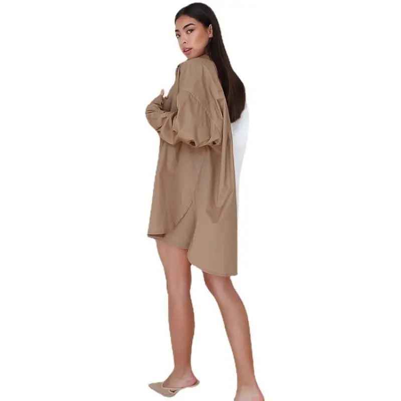 European And American Style Contrast Color Long Sleeved Shirt Shorts Two Piece Cotton Linen Casual Fashion Suit - Premium Outfit Sets for sale