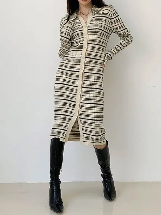 Fashion slimming single - breasted long - sleeved striped knee - length knitted dress - Premium Dress for sale