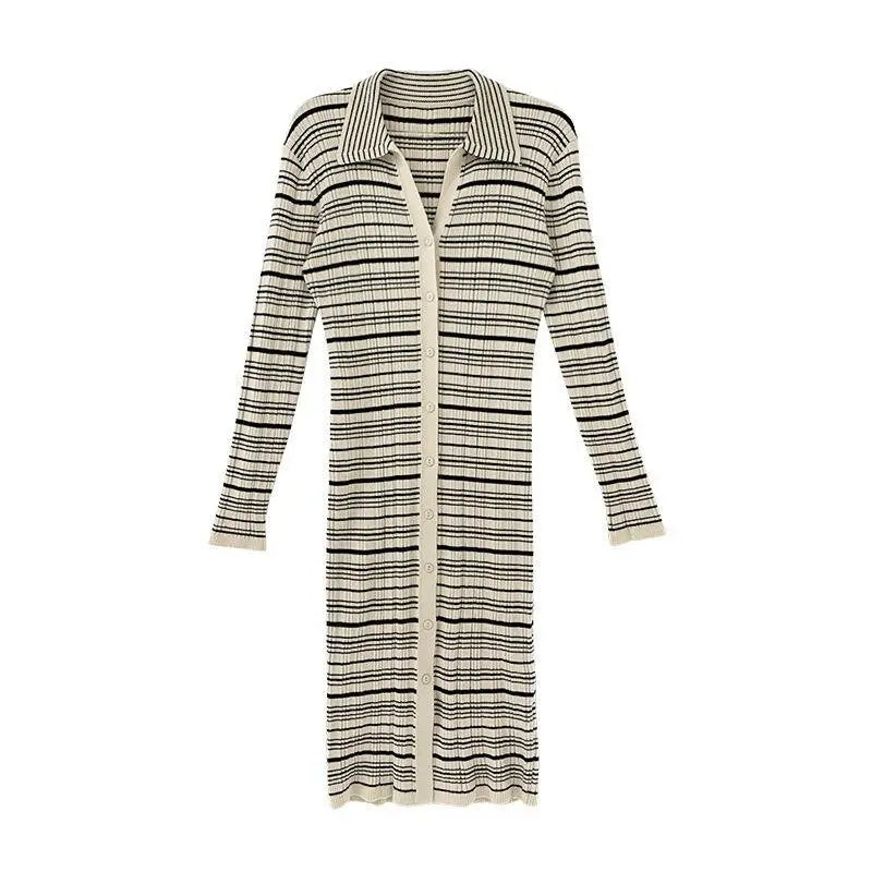 Fashion slimming single - breasted long - sleeved striped knee - length knitted dress - Premium Dress for sale