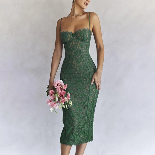 Fashionable women's lace, split mid - length skirt, thin backless dress - Premium Dress for sale