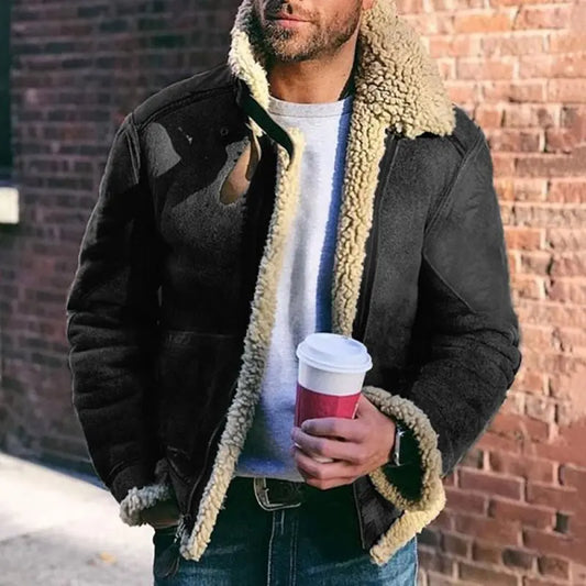 Faux leather winter warm thick men's jacket with large lapels - Premium Coats & Jackets for sale