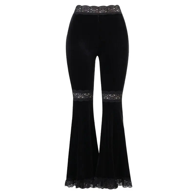 InsGoth Mall Goth High Waist Flared Pants Aesthetic Sexy Lace Patchwork Trousers Women Vintage Elegant Velvet Christmas Pants - Premium Pants for sale