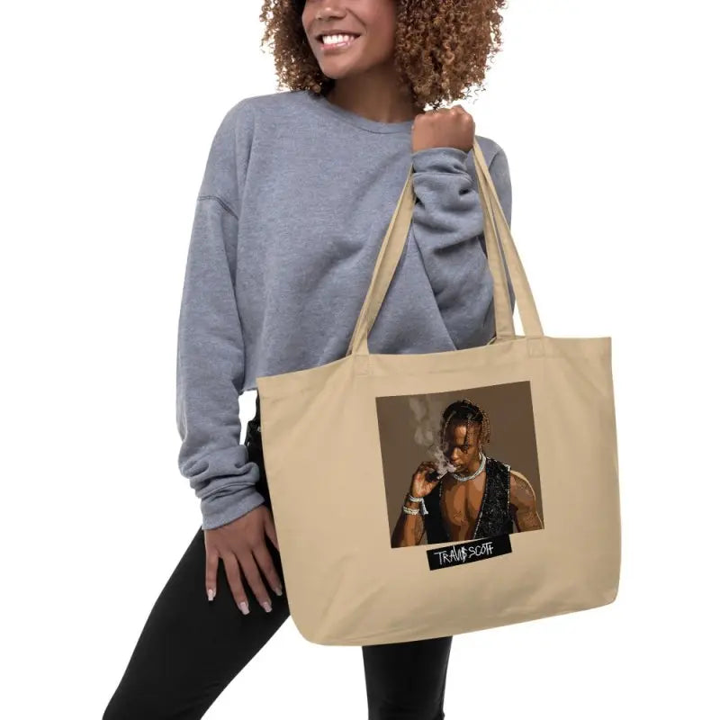 Large organic tote bag - Travis Scott portrait illustration - Premium Tote Bags for sale