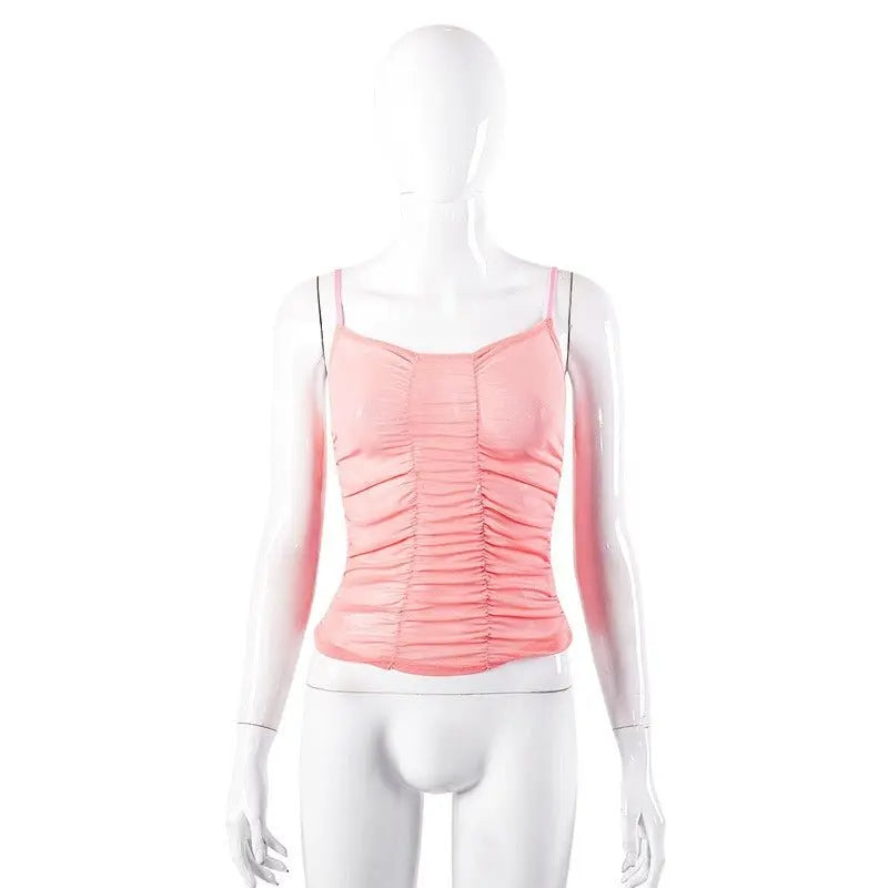 M22TP614 Women's Spring New Sleeveless Sling Wrap Chest Shrink Pleated Mesh Spice Girls' Versatile Top