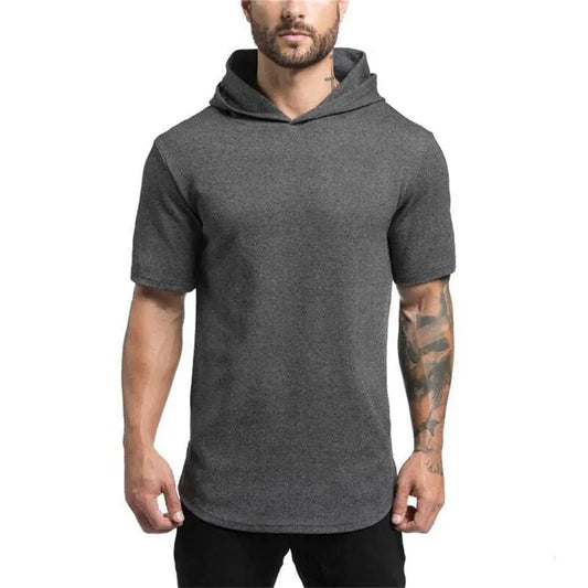 Mens Bodybuilding Hoodies - Gyms Hooded Short Sleeve Fitness Clothing - Premium Shirts & Tops for sale