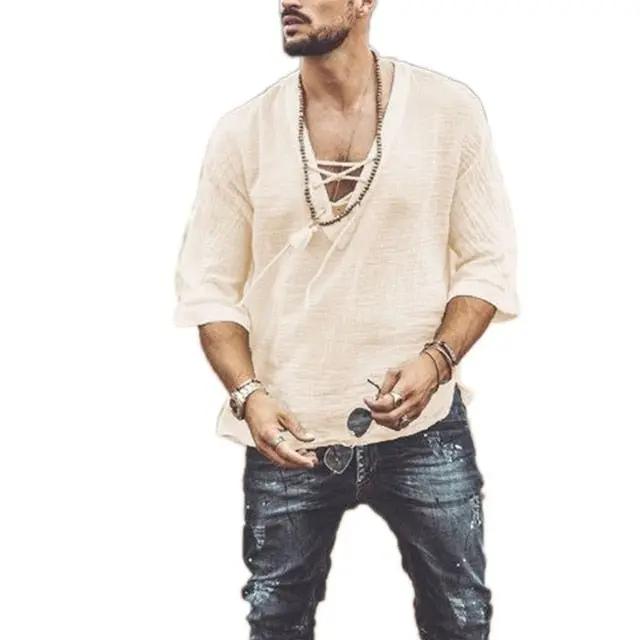 Men's Fashion Hippie Linen Shirt Casual Middle Sleeve V Neck Summer Beach Loose Tee Tops Solid Color T shirts 2020 New