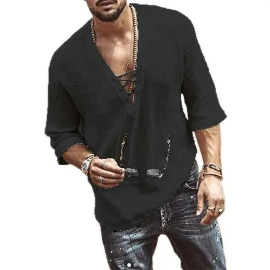 Men's Fashion Hippie Linen Shirt Casual Middle Sleeve V Neck Summer Beach Loose Tee Tops Solid Color T shirts 2020 New