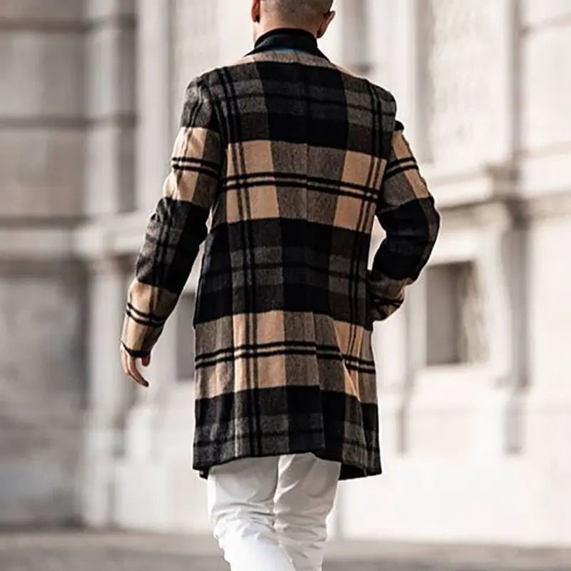 Men's Plaid Printed Mid - length Woolen Coat Fall Winter Fashion Casual High Street High Quality Suit Collar Men's Coat - Premium Coats & Jackets for sale