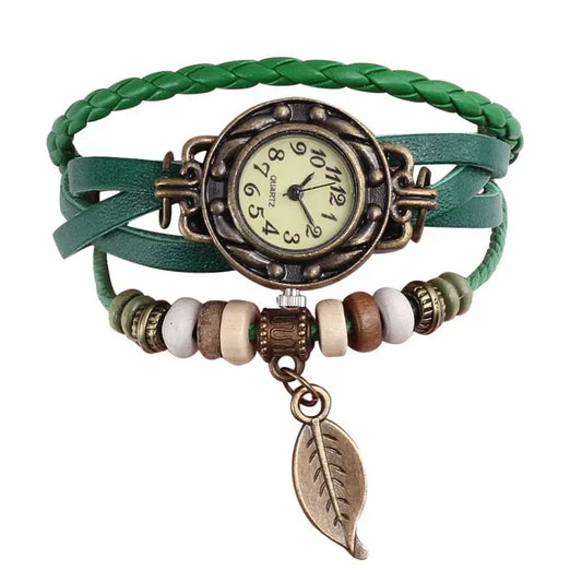Multicolor High Quality Women Genuine Leather Vintage Quartz Dress Watch Bracelet Wristwatches leaf gift