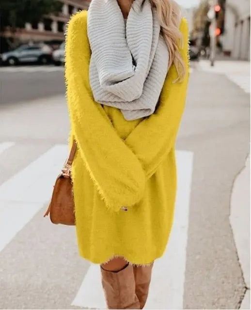 Plush Pullover Long Sweater Women Yellow Black Pink Christmas Sweater Dress - Premium Dresses for sale