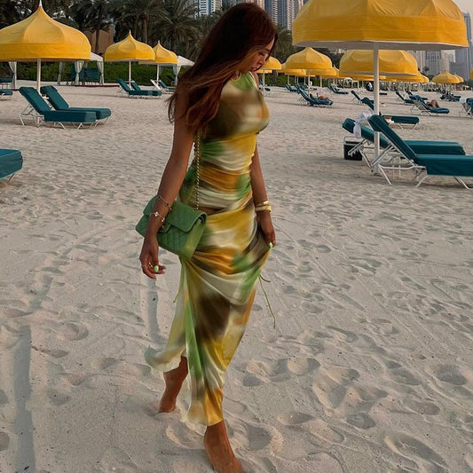 Printed Mesh See through Sexy Sleeveless round Neck Sheath Split Dress Beach Vacation Trendy Women