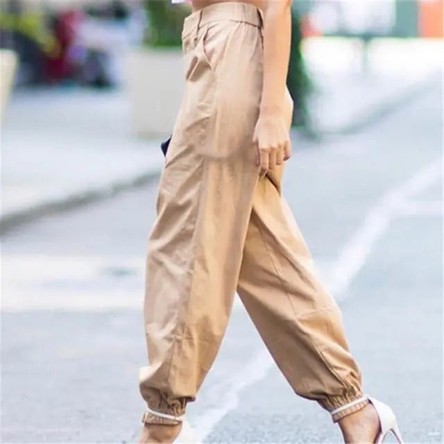 S-2XL Plus Size Pants Women Casual High Waist Cargo Pants Women Loose Solid Black Khaki Trousers Pockets