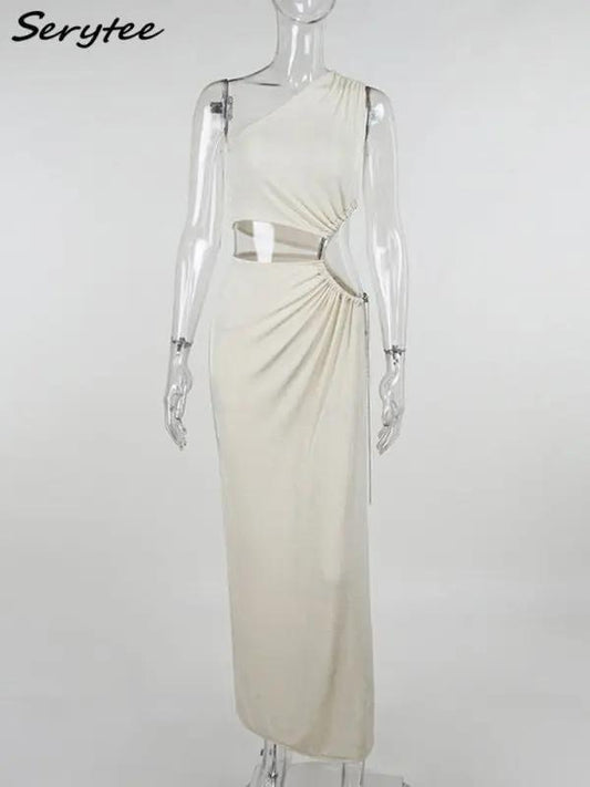 Serytee One Shoulder Beach Cover Up Dress - Sexy Boho Style, White, High Split, Long Length, 2022 Sundress