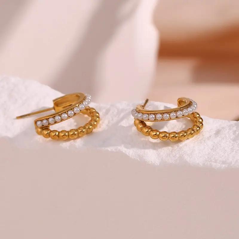 Simple Light Luxury Ear Ring Earrings Jewelry Stainless Steel Double Layer Beads Pearl C Shaped Stud Earrings for Women