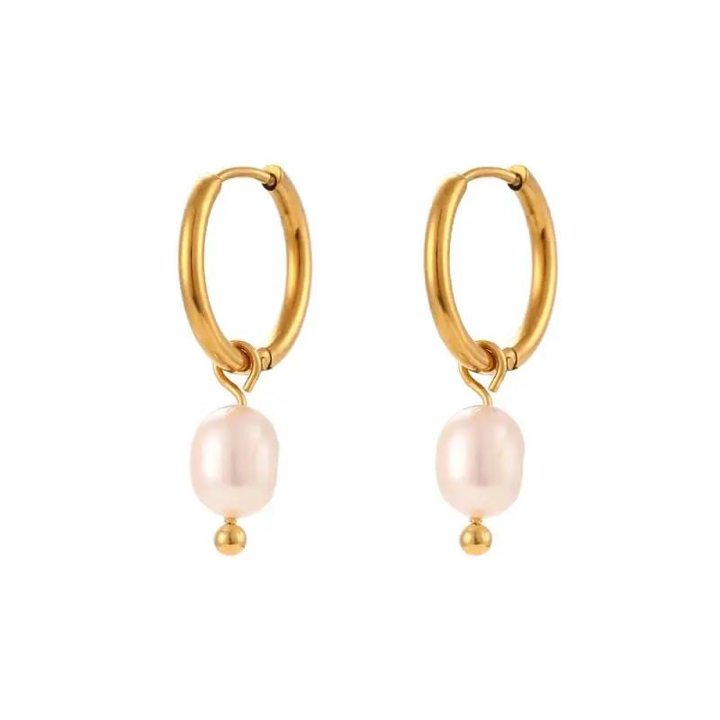 Simple Light Luxury Earrings Jewelry Stainless Steel Plated 18K Gold Freshwater Pearl Gold Ear Ring