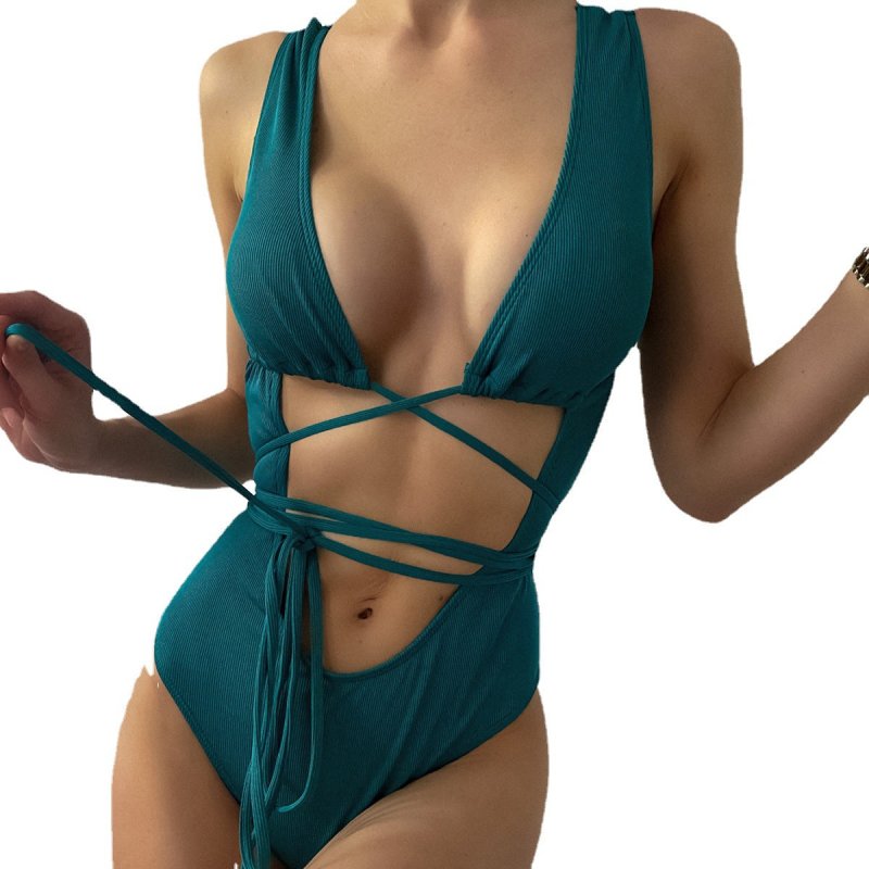 Small Sunken Stripe Lace-up Hollow Out Cutout One-Piece Bikini Sexy Swimsuit Swimsuit for Women