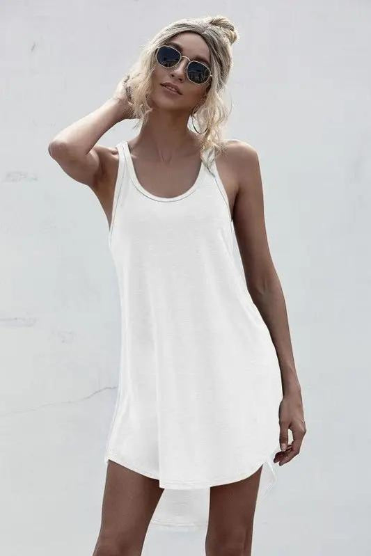 Solid Casual O-neck Sleeveless Tank Dress Women Loose Off Shoulder Asymmetrical Cotton