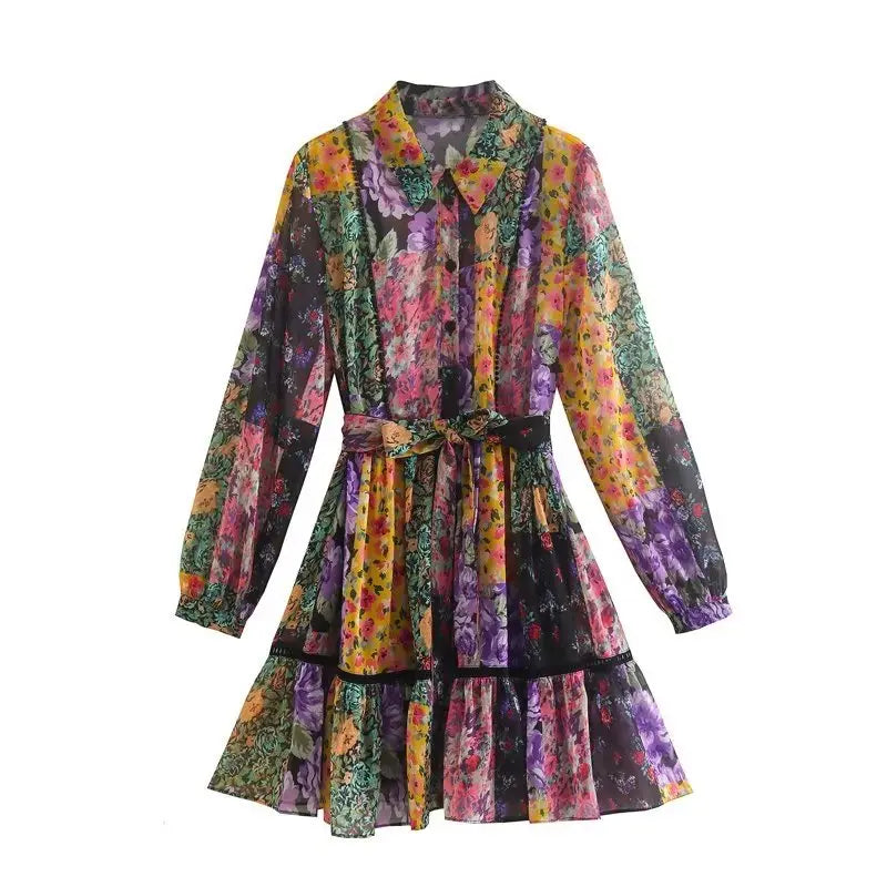 Spring Autumn Women Printed Mini Dresses With Belt Elegant Turn Down Collar Dress A - line Long Sleeve Vestidos - Premium skirt for sale