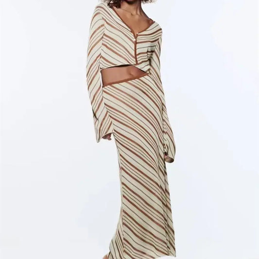 Spring/Summer Women's Striped Knit Top High Waist Skirt Suit
